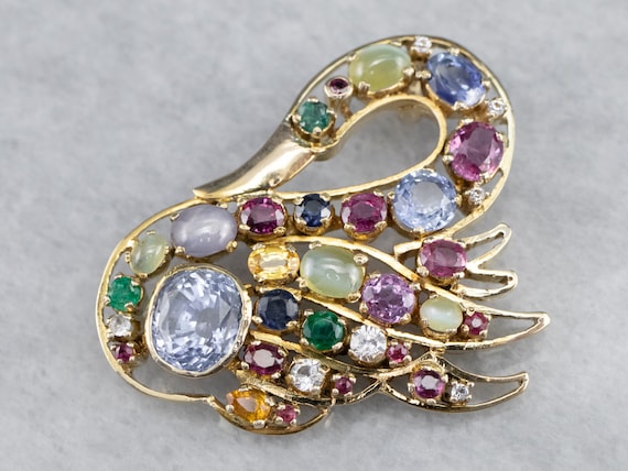 Gemstone Encrusted 14K Yellow Gold Swan Pendant, Sapphire, Tourmaline