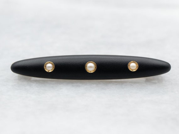 Victorian Yellow Gold Black Enamel and Seed Pearl… - image 1