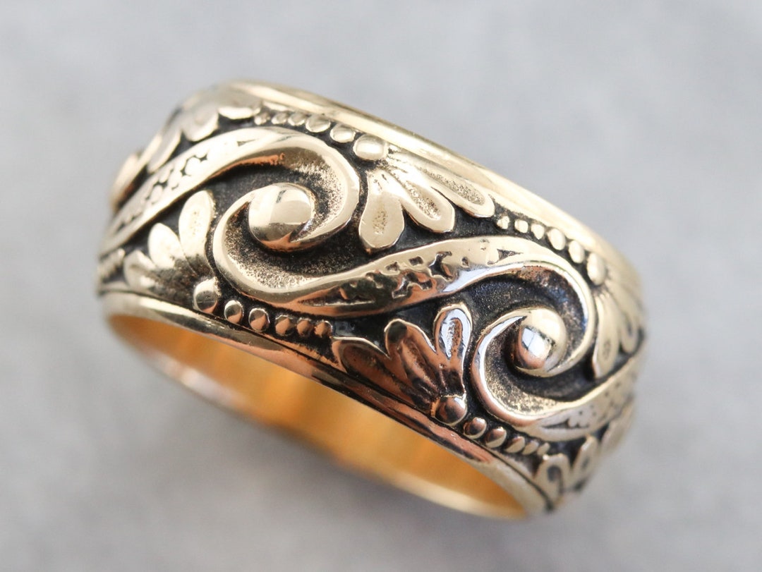 Vintage Yellow Gold Pattern Band, Floral Pattern Band, Art Carved Band ...