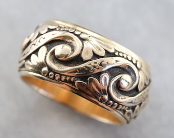 Vintage Yellow Gold Pattern Band, Floral Pattern Band, Art Carved Band, Stacking Band, Anniversary Band, Unisex Pattern Band FEYDZV