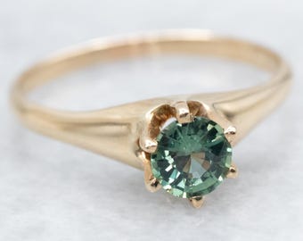 Antique Green Sapphire Solitaire Ring, 14K Yellow Gold, Size 6.5