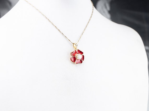 Diamond Poppy Flower Pendant, Gold and Enamel Pen… - image 9