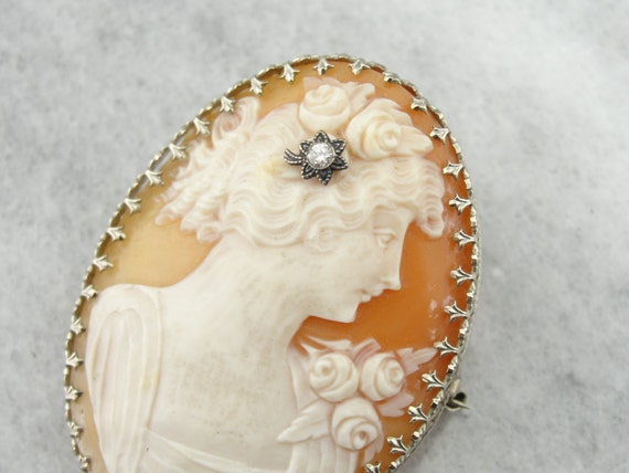 Antique Art Deco Cameo Brooch or Pendant With Diamond Hair