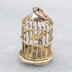 Caged Songbird Charm, Vintage Gold Charm, Bird Charm, Layering Pendant, Vintage 14-Karat Gold Charm, Charm Collector A66314