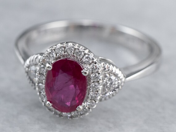 18K White Gold Ruby Diamond Halo Ring, Anniversar… - image 3