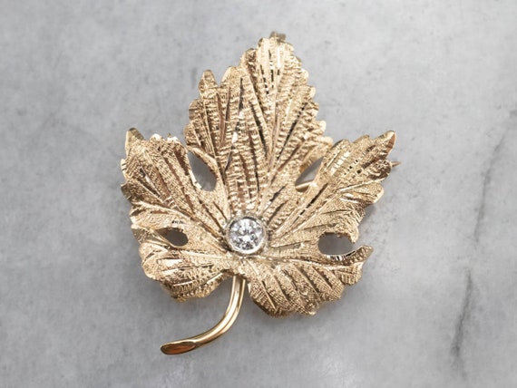 Gold Diamond Grape Leaf Brooch, Gold Leaf Pin, Di… - image 2