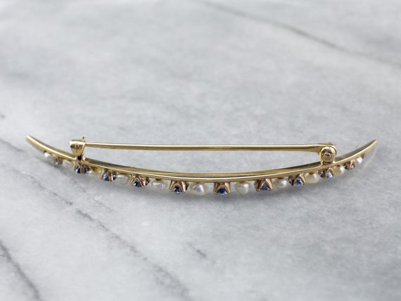 Crescent Moon Sapphire and Pearl Brooch, Yellow G… - image 5