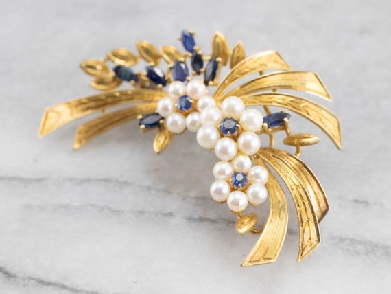 Vintage Gold Marquise Sapphire and Pearl Brooch, … - image 4