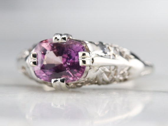 Art Deco Pink Ceylon Sapphire Solitaire Ring, Flo… - image 3