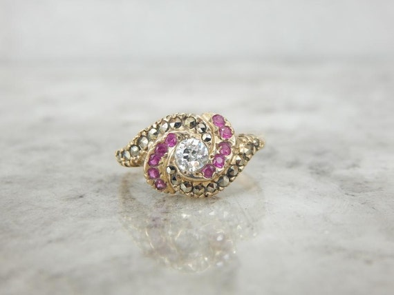 Antique Victorian Ruby And Marcasite Ring With Di… - image 2