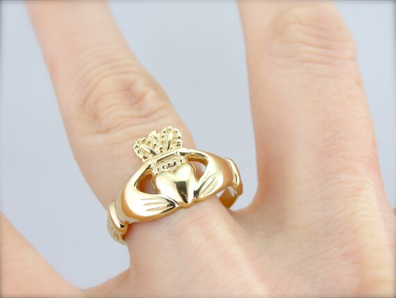 14K Yellow Gold Claddagh Ring, Vintage Irish Wedd… - image 5