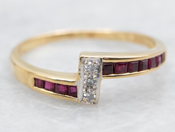 14K Yellow Gold Diamond Ruby Bypass Ring, Size 7 - image 1