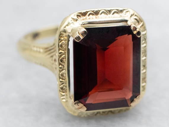 14K Yellow Gold Emerald Cut Garnet Ring, Patterne… - image 1