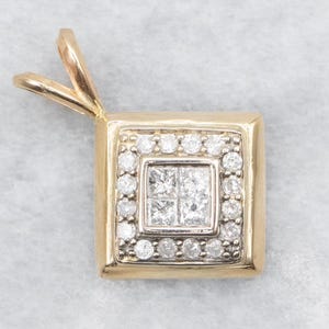 Two-Tone Gold Square Diamond Cluster Pendant, Anniversary Gift