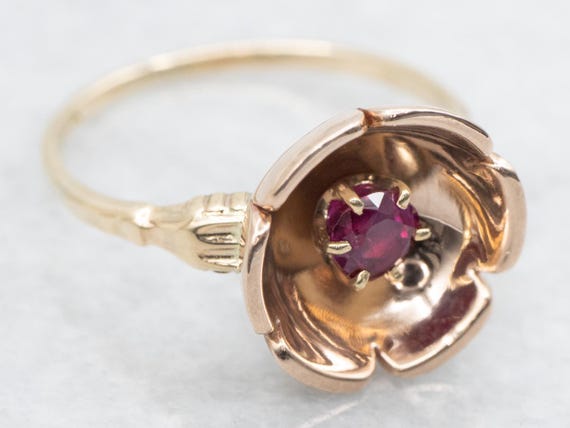 Vintage Ruby Flower Ring, 14K Rose and Yellow Gol… - image 1
