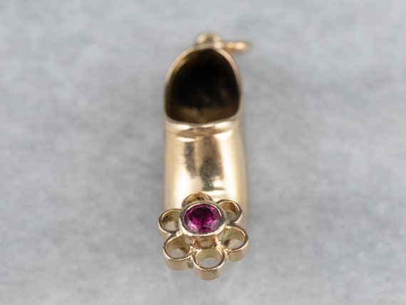 14K Gold Arabian Slipper Charm, Ruby Flower, Alad… - image 2