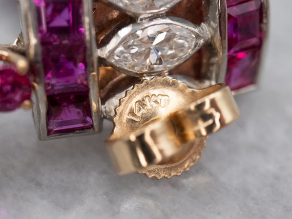 14K Gold Ruby Diamond Earrings, Two Tone Dangle E… - image 4