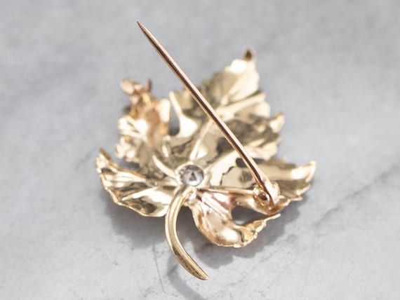 Gold Diamond Grape Leaf Brooch, Gold Leaf Pin, Di… - image 8