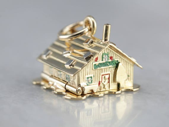 Vintage Enamel Charm, Gold House Charm, Charm Neck