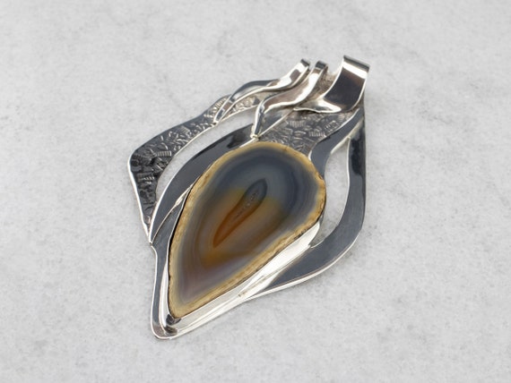 Large Pear Agate Pendant, Sterling Silver Artisan… - image 3