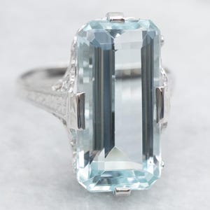Art Deco Aquamarine White Gold Filigree Ring, Vintage Dinner Ring, Aquamarine Statement Ring, March Birthstone A55419