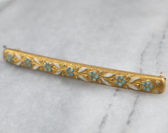 Art Nouveau 14K Gold Bar Pin, Enamel Floral Brooch, Antique Honeymoon Jewelry