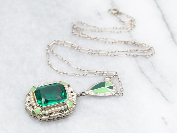 Art Deco Era Green Glass Seed Pearl and Enamel Necklace, Antique