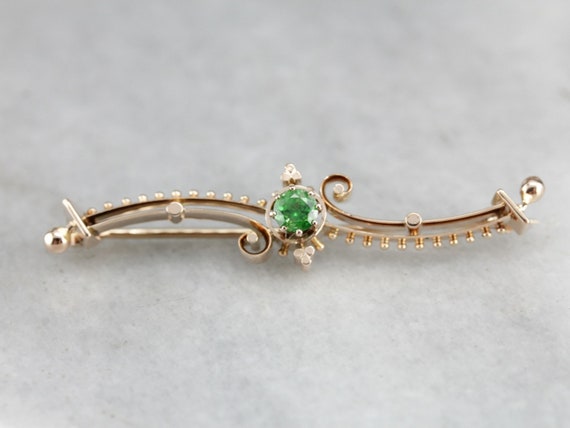 Vintage Green Garnet Gold Bar Pin, Victorian Revi… - image 3
