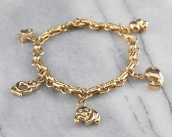 Diamond Animal Charm Bracelet, Gold Charm Bracelet, Heavy Gold Bracelet, Gift for Her, Anniversary Gift, RA7JQKWZ