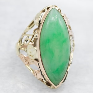 Antique Jadeite Gold Ring, Nouveau Jadeite Filigree Ring, Floral Jadeite Ring, Green Cabochon Ring, Green Gold Ring, Bridal Jewelry A50110