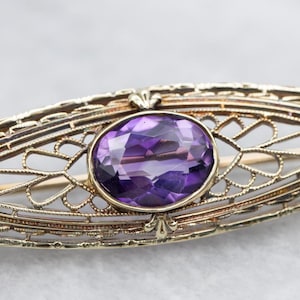 Art Deco Amethyst Brooch, Gold Filigree Pin, Antique Gold Amethyst Brooch, Amethyst Jewelry, Bridal Jewelry, Anniversary Gift A65035