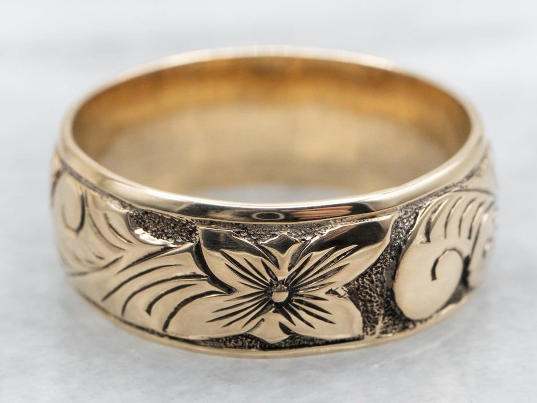 14K Yellow Gold Floral Band, Antique Stacking Ring, Size 15 - Etsy