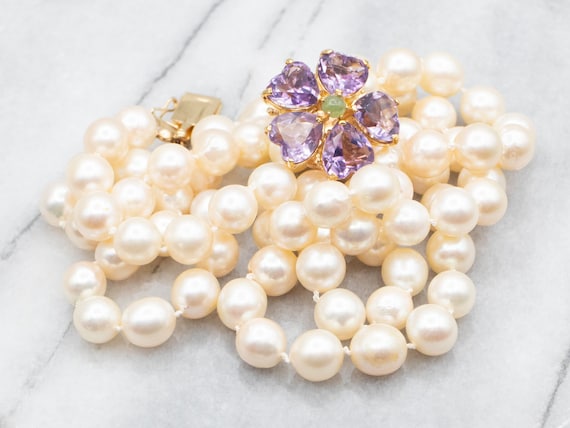 Vintage Pearl Necklace With Flower Clasp, Long Pearl