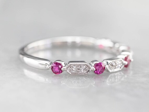 14K White Gold Ruby and Diamond Stacking Band - image 3