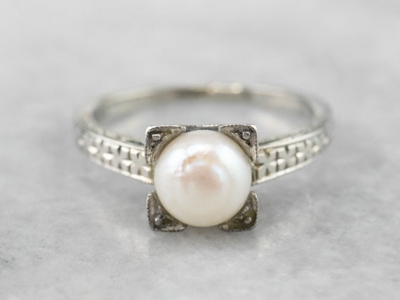 Art Deco Pearl Solitaire Ring, Pearl White Gold R… - image 2