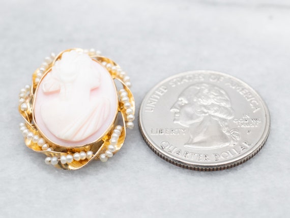 Vintage Pink Cameo Seed Pearl Pendant, Yellow Gol… - image 4