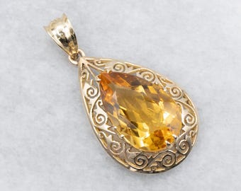 14K Gold Filigree Citrine Pendant, Pear Cut Gemstone