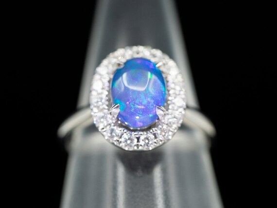 18K White Gold Black Opal and Diamond Halo Ring, … - image 4