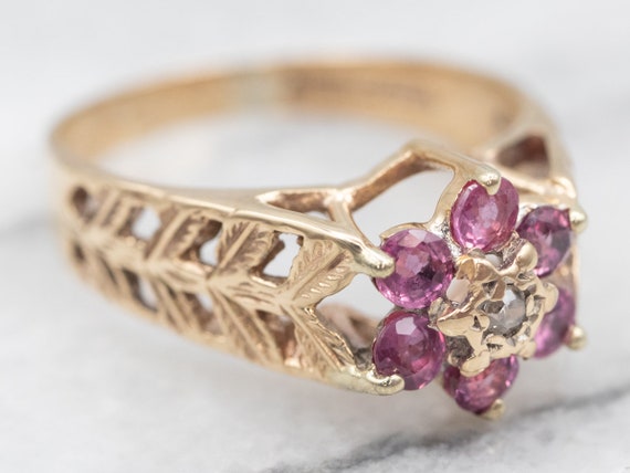 9ct Yellow Gold Ruby Flower Ring, Diamond Halo, S… - image 1