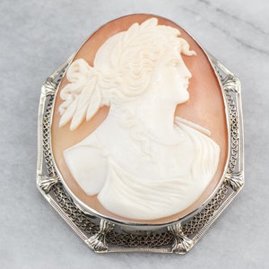 Art Deco Demeter Cameo Brooch, Goddess Cameo, Vintage Cameo White Gold Pendant, Pendant Brooch, AAJP2X81 image 2