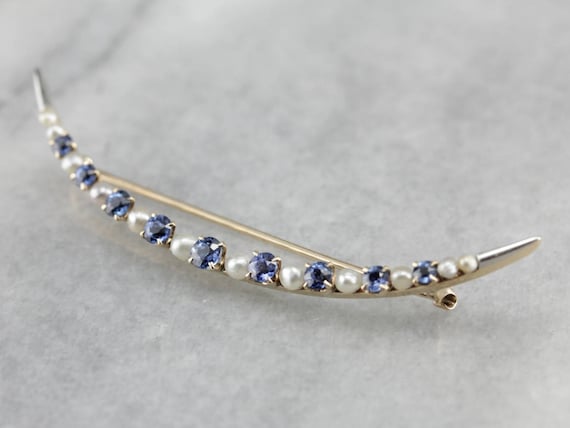 Vintage Sapphire and Pearl Brooch, Crescent Moon … - image 1