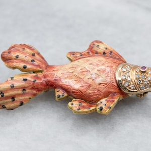 Goldfish Diamond Ruby and Enamel Brooch, Vintage 18K Gold Fish Brooch, Animal Pin, Yellow Gold Fish Brooch, Estate Jewelry A9310