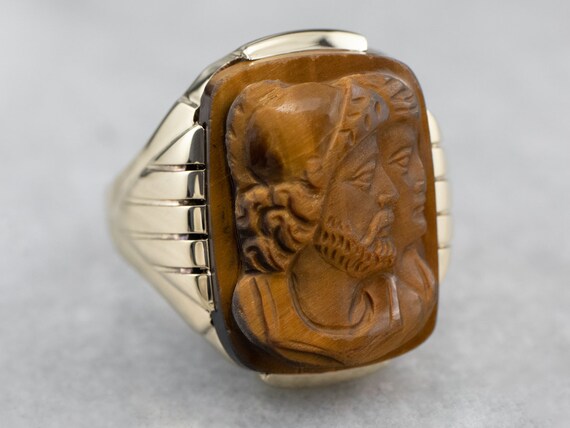 Men's Tiger's Eye Cameo Gold Ring, 1930's Vintage… - image 3