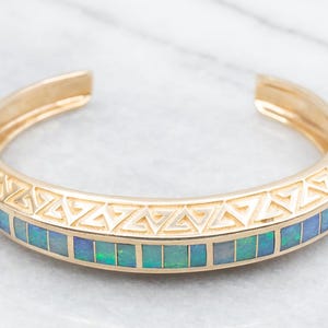 14K Yellow Gold Opal Inlay Bangle Bracelet, Geometric Cuff