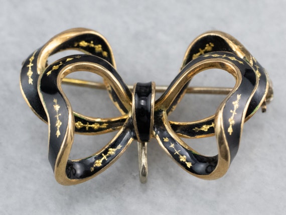 Vintage Black Enamel Bow Brooch, Bow Watch Pin, R… - image 2