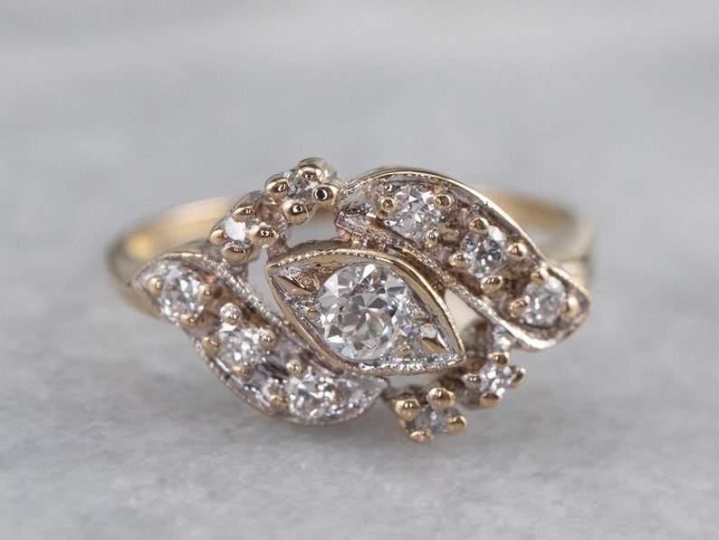 Retro Era Diamond Cocktail Ring, Yellow Gold Diamond Ring, Anniv Retro Era Diamond Cocktail Ring, Yellow Gold Diamond Ring, Anniv