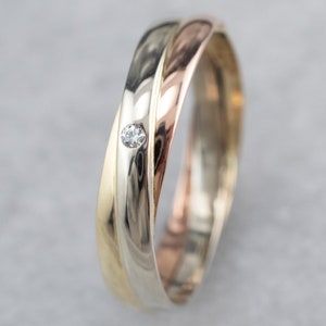 Twisting Tri-Color Gold Band, Diamond Solitaire Band, Diamond Stacking Band, Diamond Wedding Band, Unisex Band, Anniversary Ring T74VK69V