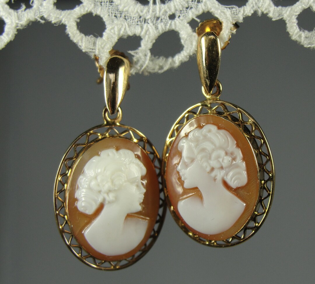 Vintage Cameo Earrings, Fine Shell, 14k Gold Filigree Earrings J2QD7FD