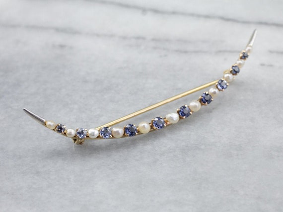 Crescent Moon Sapphire and Pearl Brooch, Yellow G… - image 1