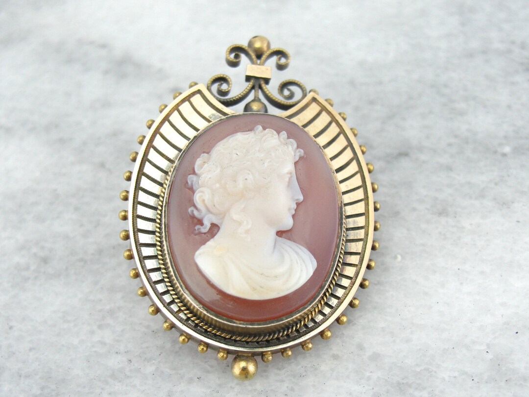 Pendentif/épingle En Or 14K Avec Camée Sardonique – 40x25 Mm – Fabriqué En Italie – Neuf Avec étiquettes